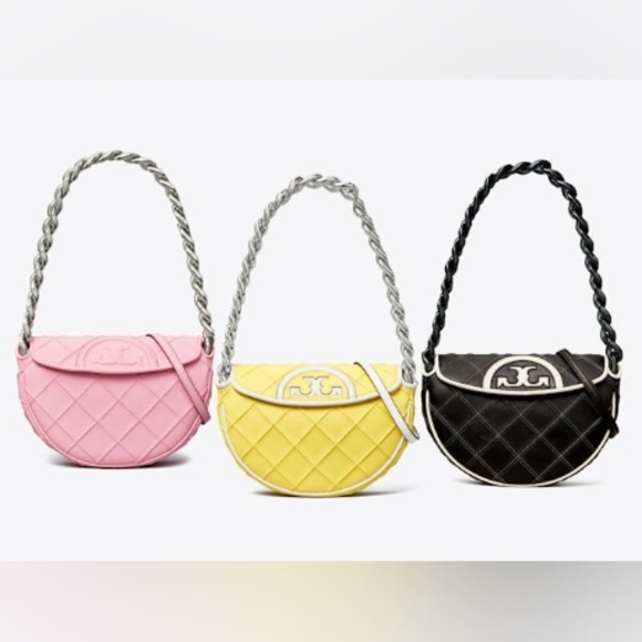 New Tory Burch MINI FLEMING SOFT PATENT BORDER CRESCENT BAG in Vintage Lemon - Picture 9 of 9